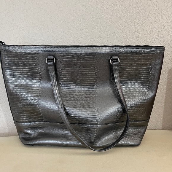 DKNY Metallic Gray Leather Studded Tote | Zip Top | Large - Picture 8 of 16